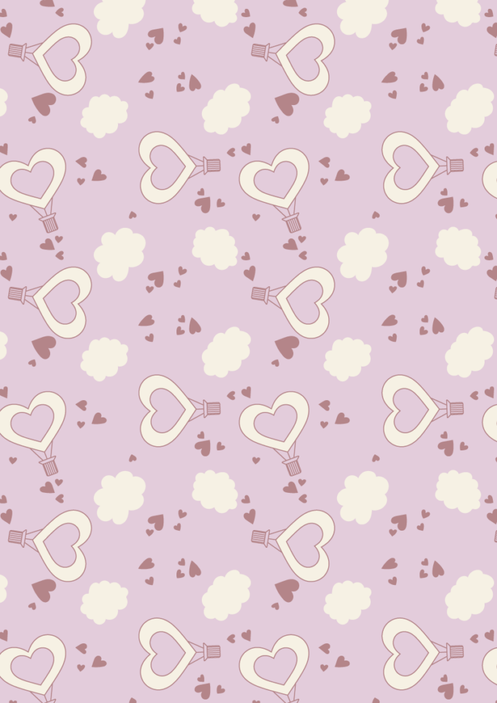 Whimsical heart hot air balloon pattern with tiny hearts and soft cloud motifs in a sweet seamless repeat on a lilac background