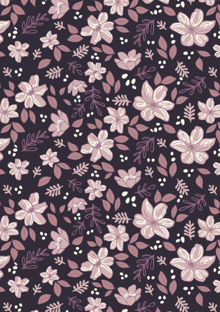Moody floral pattern with blush pink blossoms, mauve leaves, and delicate botanical accents in a seamless repeat on a dark plum background