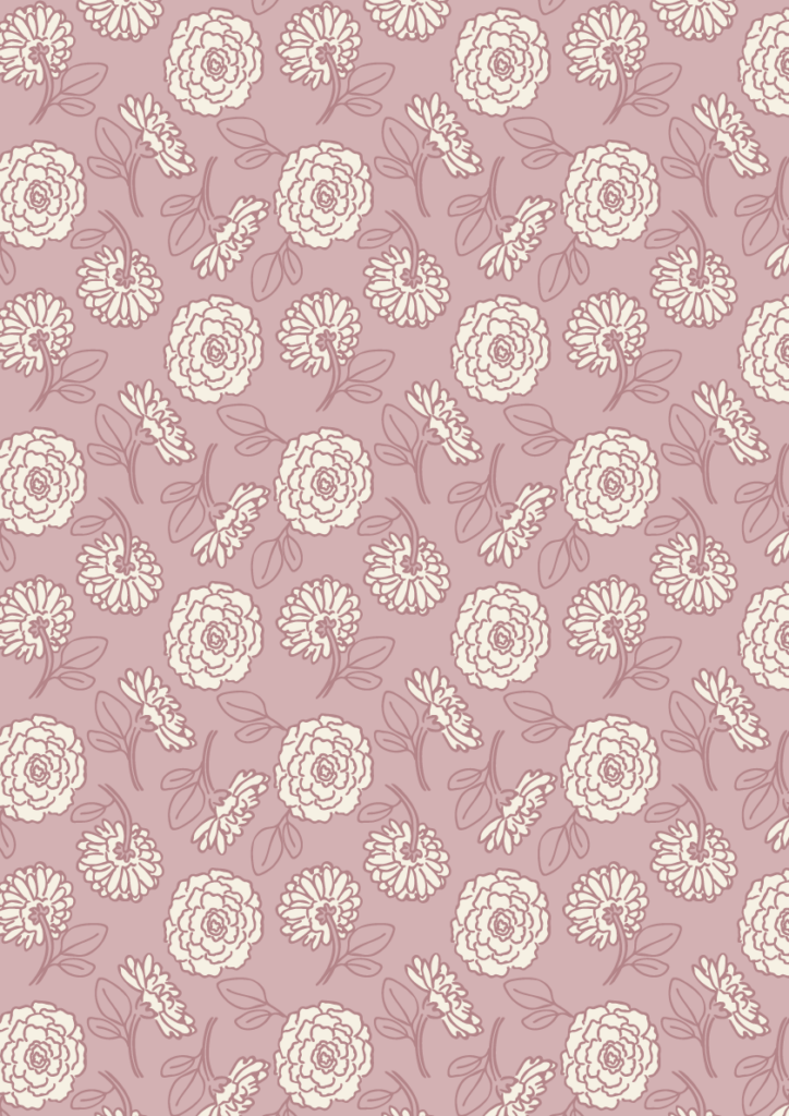 Delicate floral outline pattern with cream blossoms and leafy stems in a soft seamless repeat on a dusty rose background