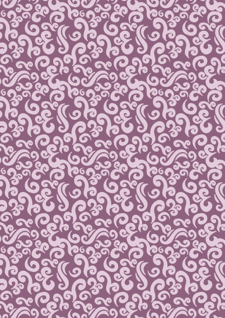 Elegant swirling damask pattern with pale lavender scroll motifs in a seamless ornamental repeat on a mauve background