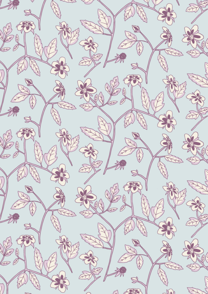 Delicate floral vine pattern with cream blossoms and mauve linework in a graceful seamless repeat on a soft blue-gray background