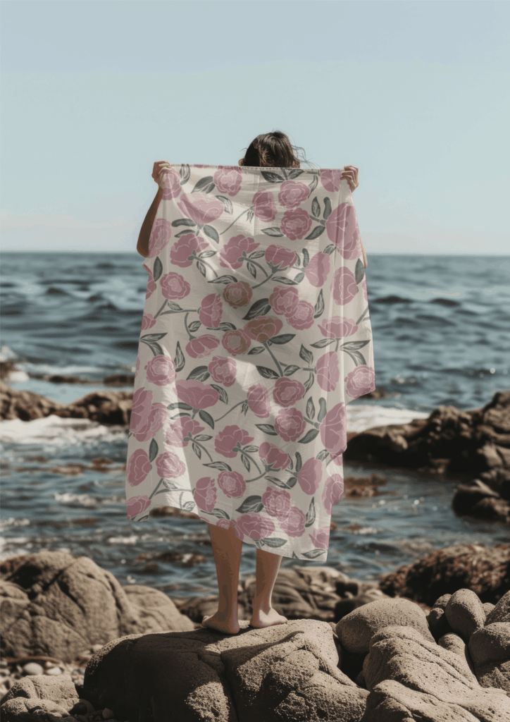 Fabric with pink floral pattern by the sea