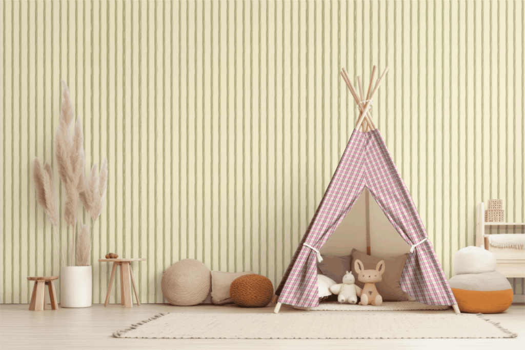 Children’s room with striped wallpaper and teepee