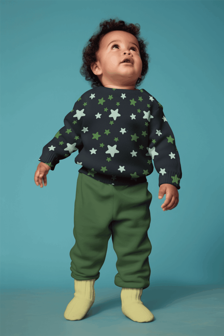 Baby wearing dark green outfit with star print