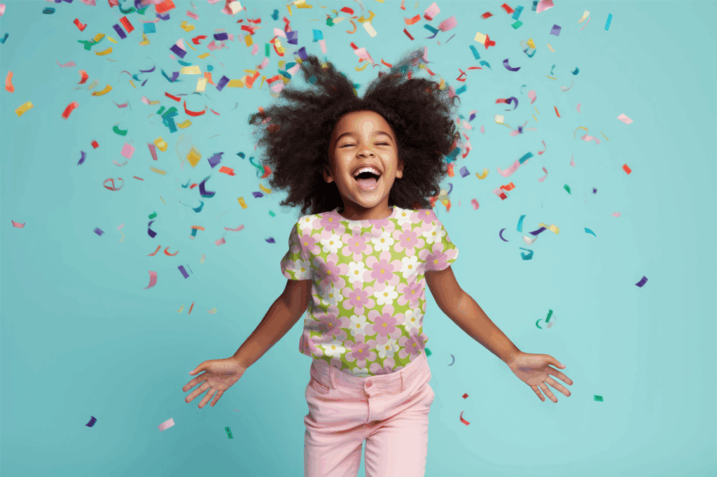Child jumping with confetti in floral outfit