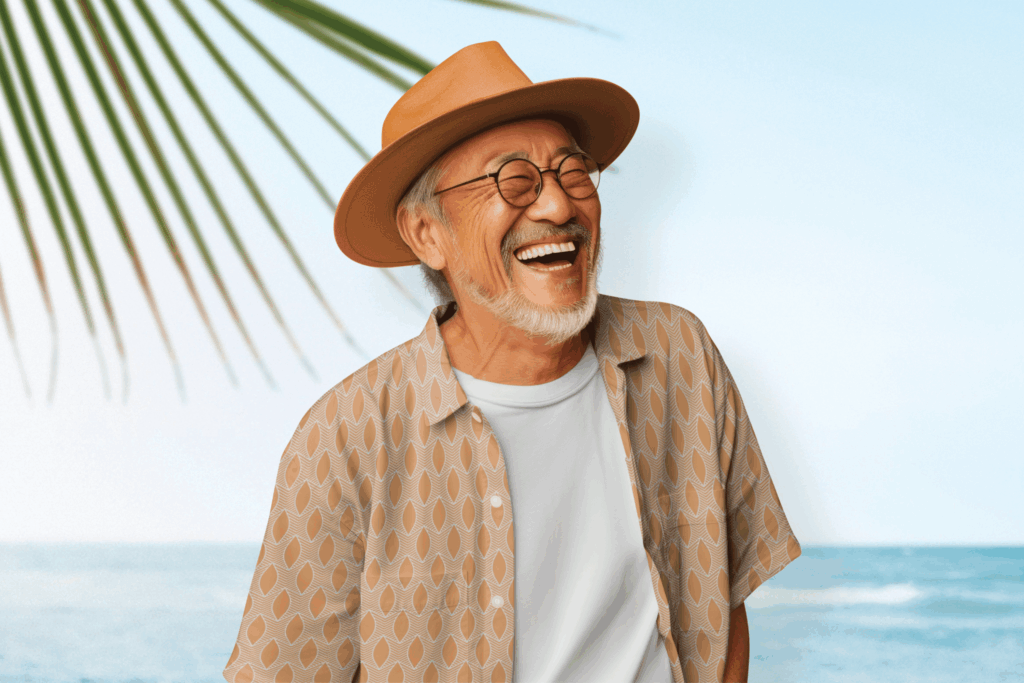 Man in hat wearing patterned shirt