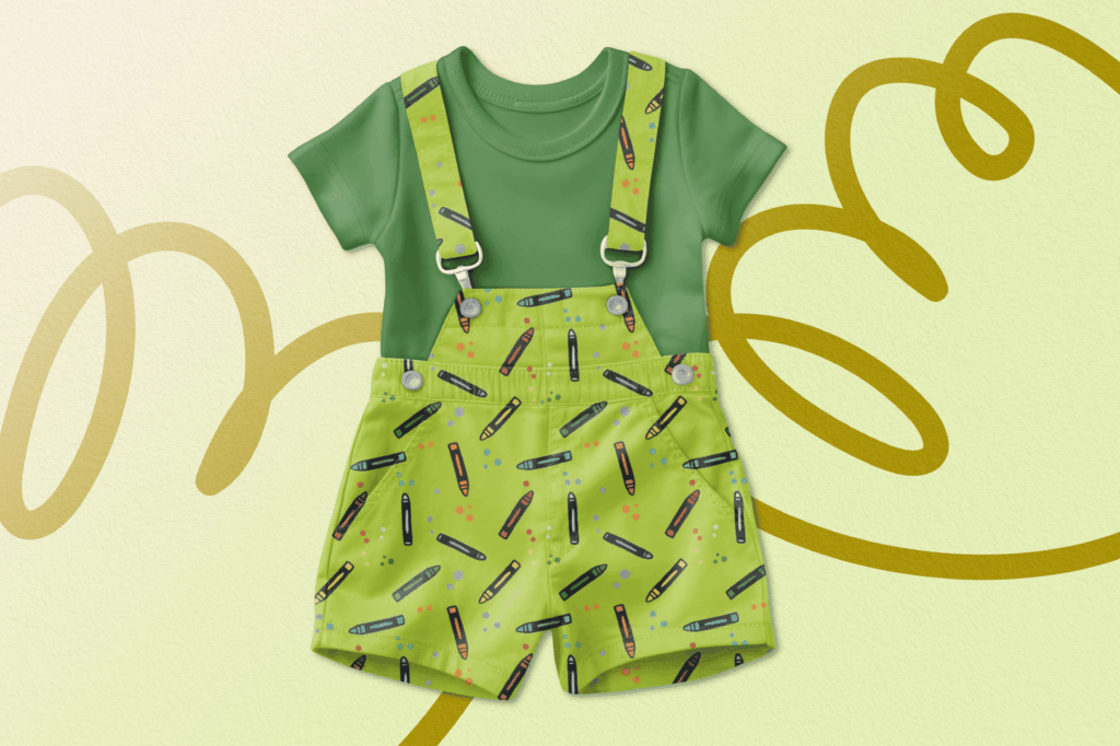 Green children’s outfit with playful abstract print