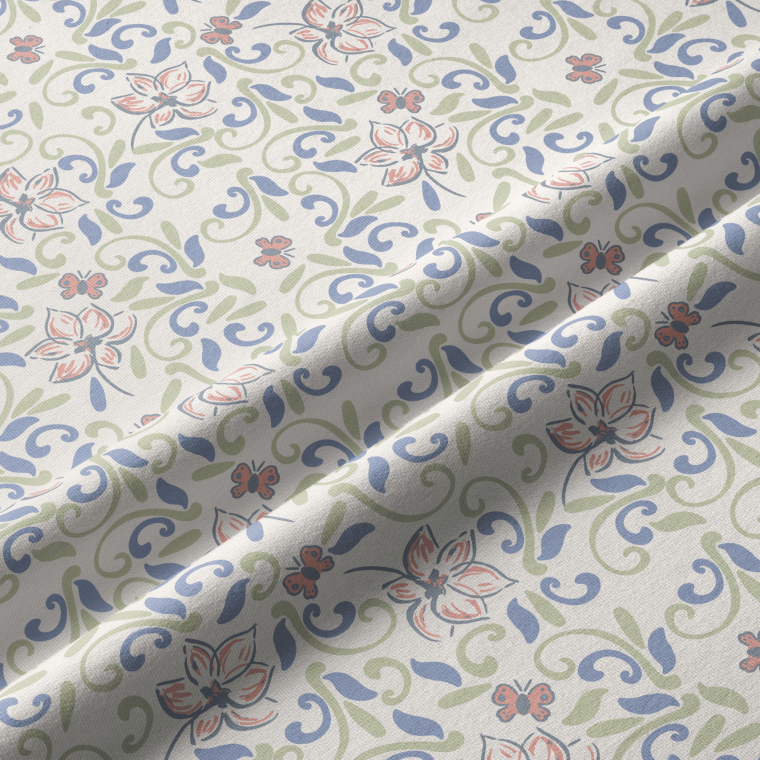 Blue and white swirling floral fabric