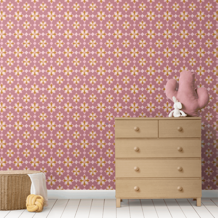 Pink patterned wallpaper with dresser