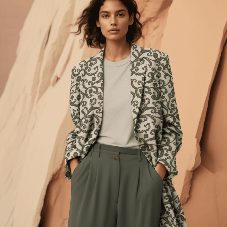 Woman in green patterned jacket
