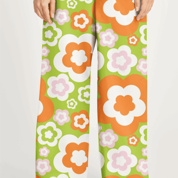 Green and orange retro floral fabric pattern