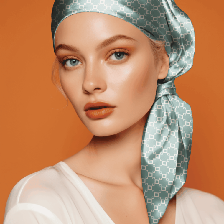 Woman wearing satin patterned headscarf