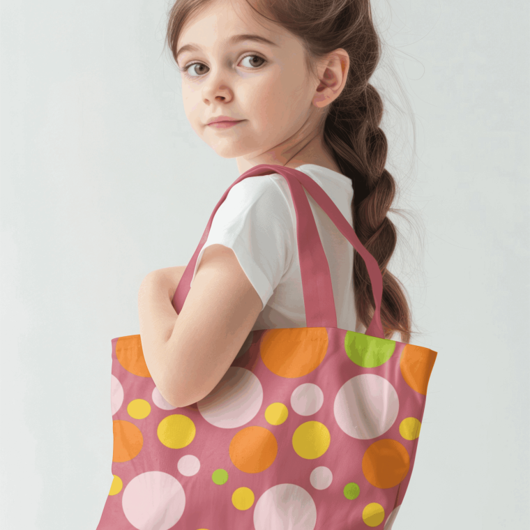 Child holding pink polka dot tote bag